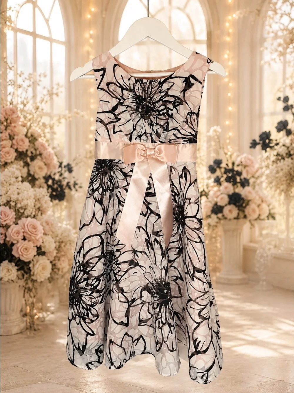 Rare Editions Girls Size 10 Pink Black Floral Dress Purse Bow Set NWOT